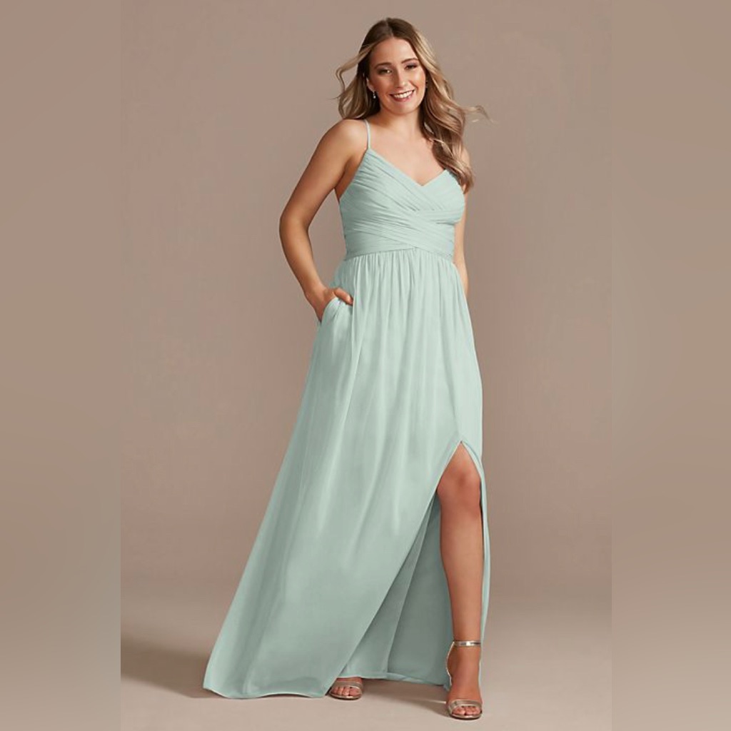 David’s Bridal Long Mesh Bridesmaid Dress With Lace Up Back In Dusty Sage